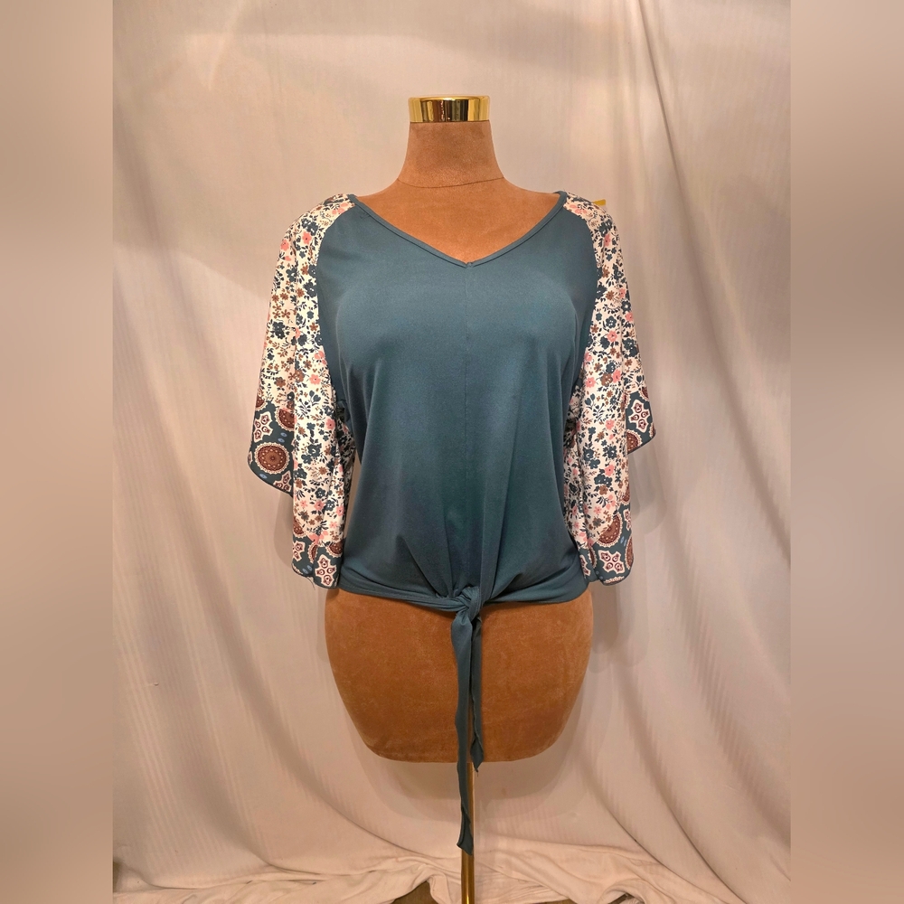 Joress CURVE Floral Raglan Sleeve Top - Deep Teal Bodice Women Size 1XL